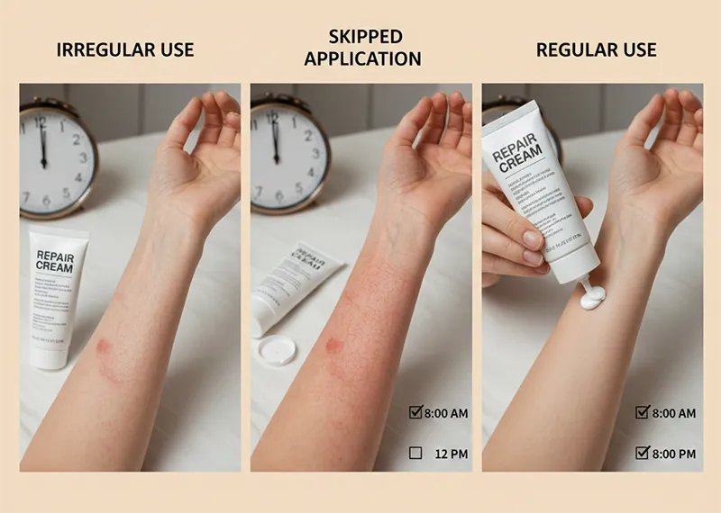 کند شدن روند ترمیم پوست در اثر مصرف نامنظم کرم ترمیم کننده(تصویر راست نتیجه استفاده منظم، تصویر وسط نتیجه استفاده نکردن کرم، تصویر چپ نتیجه استفاده نامنظم از کرم ترمیم کننده بعد از لیزر)