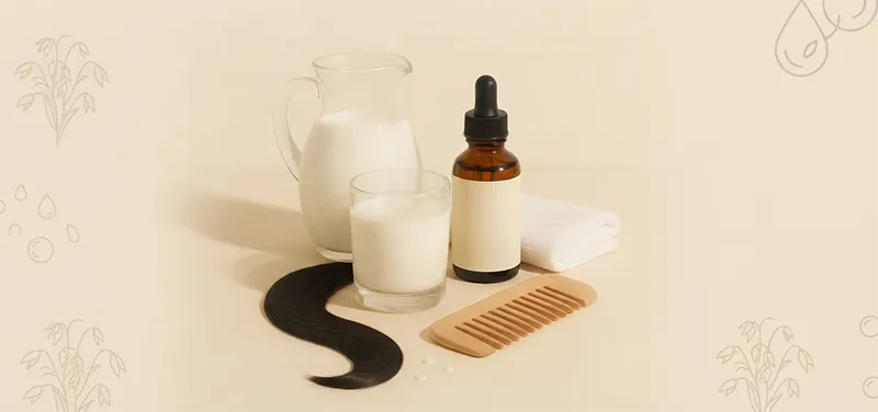 ست محصولات مراقبت از مو با شیر شامل سرم مو، شیر تازه، حوله و شانه چوبی روی میز
